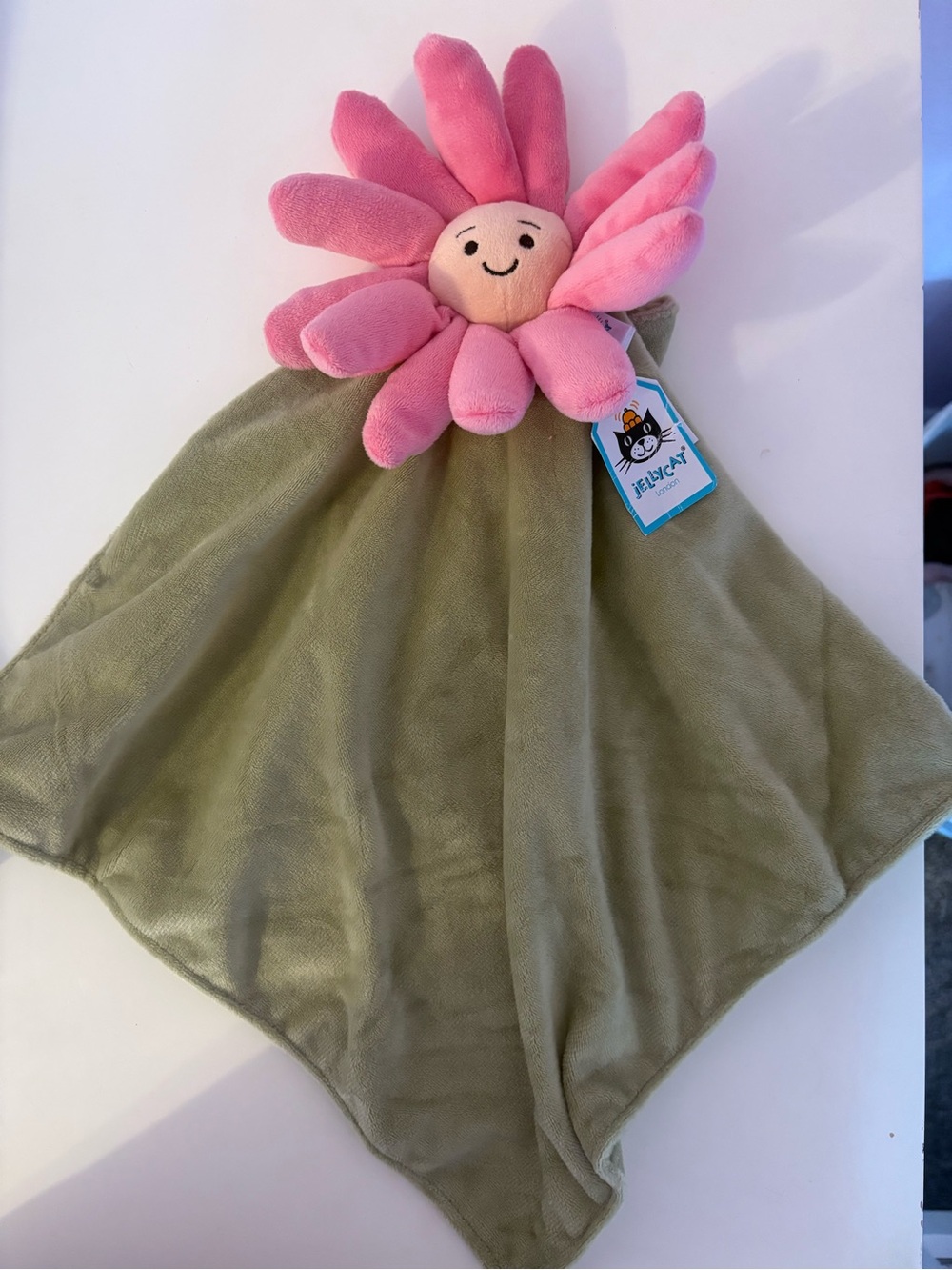 Jellycat (Retired) Pink Flower Cuddle Comforter with Olive Green Blankie